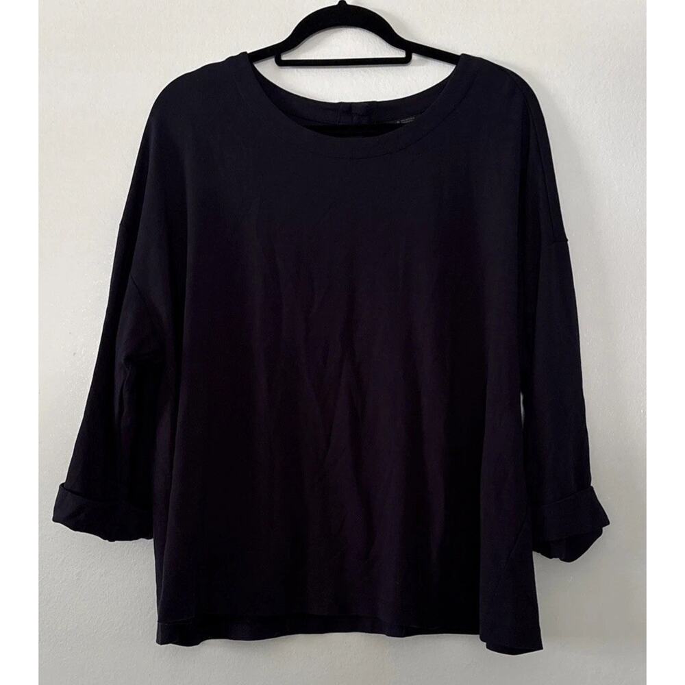 J Jill Wearever Top Navy Blue XL Cuff Sleeve Single Button Back Neck Stretchy